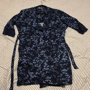 Floral Navy Blue Women's Robe short with lace